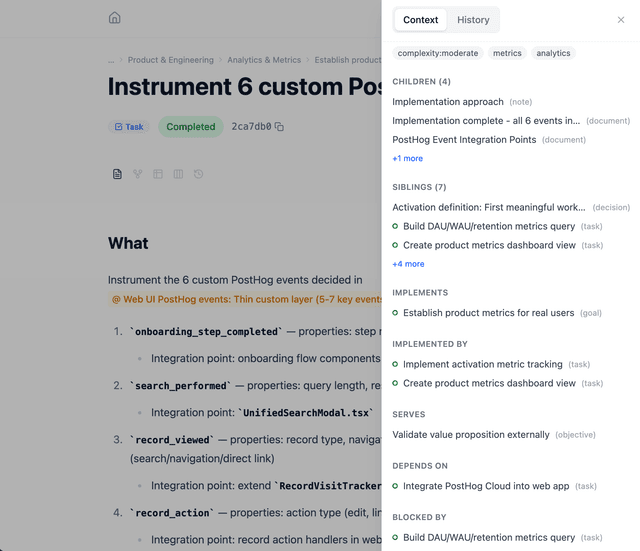 Decision view with context sidebar showing linked records and relationships