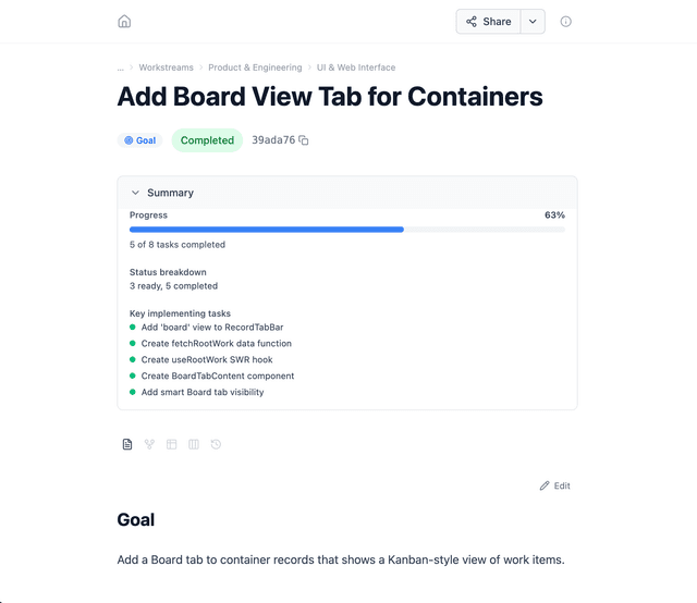 Goal progress view showing completion tracking and linked tasks